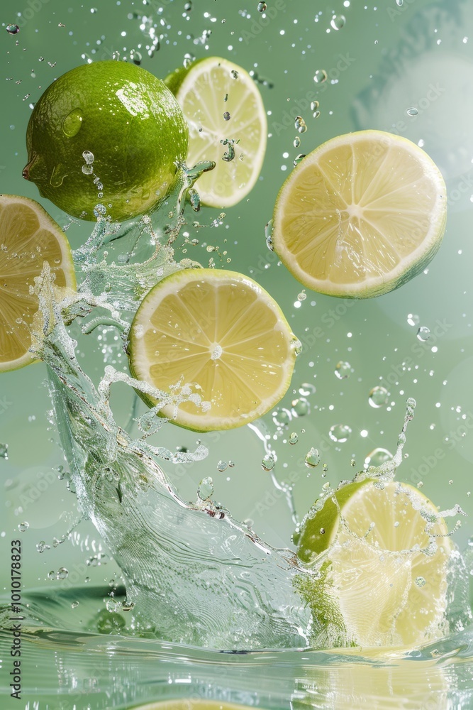 splash water, lemon and lime fly in the air, bg light green pastel, splash water, lemon and lime fly in the air, bg light green pastel,