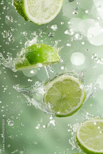 splash water, lemon and lime fly in the air, bg light green pastel, 