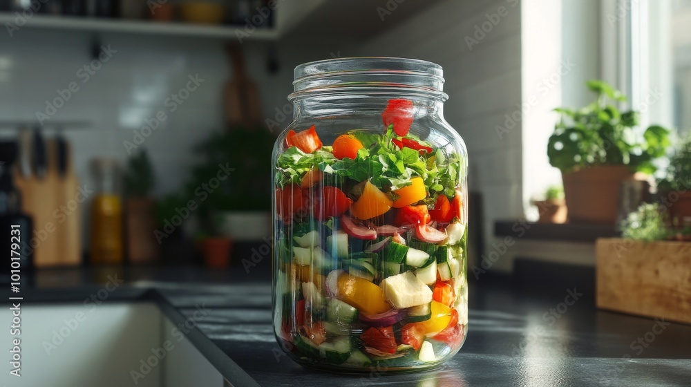 Fresh Vegetables in a Jar on Kitchen Counter Fresh Vegetables in a Jar on Kitchen Counter
