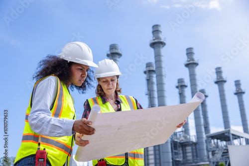 Female Engineers Reviewing Blueprints at a Power Plant Construction Site in Bright Daylight