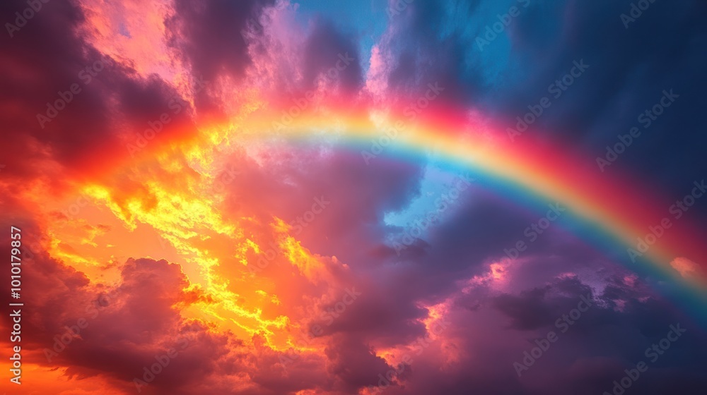 A vibrant rainbow arches across a dramatic sky filled with fiery orange, pink, and blue clouds. A vibrant rainbow arches across a dramatic sky filled with fiery orange, pink, and blue clouds.