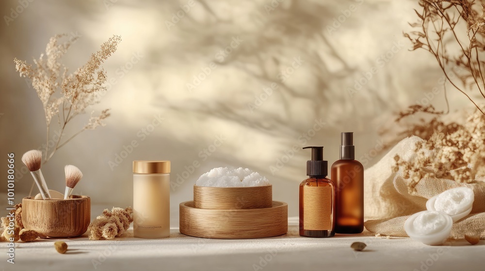Natural Skincare Products Displayed on a White Surface with Dried Flowers Natural Skincare Products Displayed on a White Surface with Dried Flowers