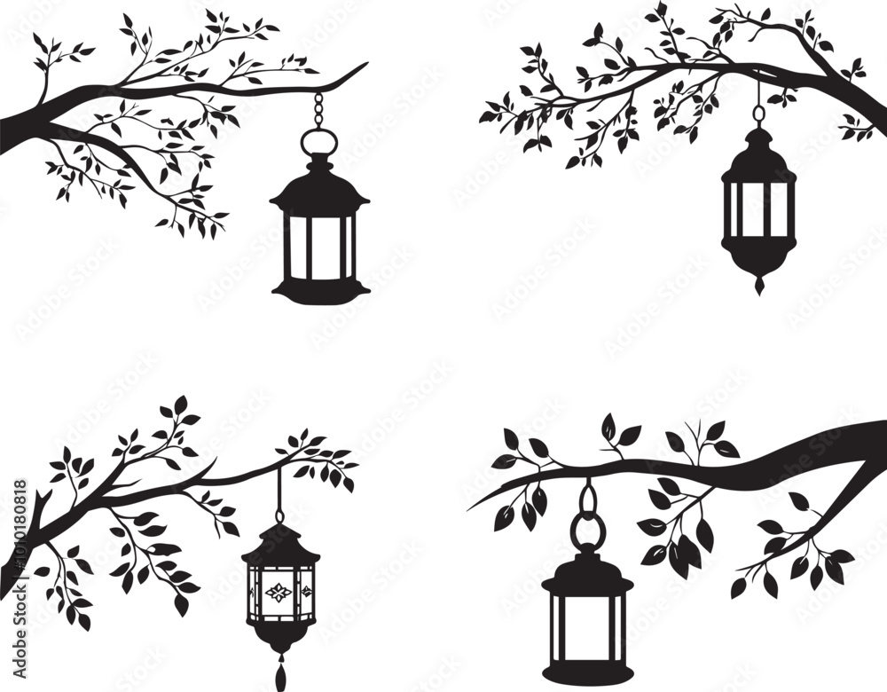 Naklejka premium Silhouette of a lantern hanging from a tree branch. Lantern vector icon