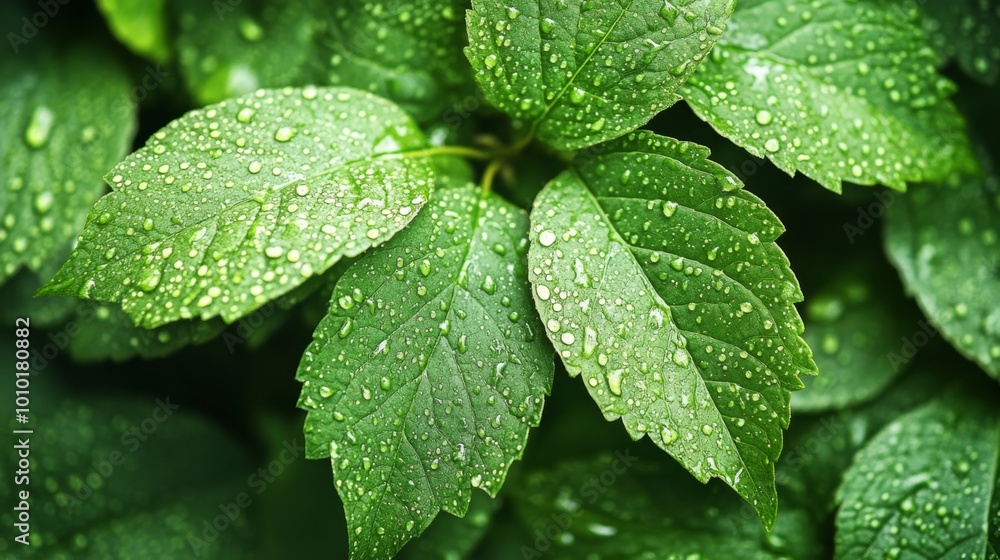 Fresh Green Leaves with Water Droplets Fresh Green Leaves with Water Droplets