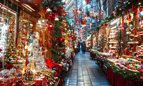 Christmas market in the city, rows of festive shops with Christmas goods and garlands photo