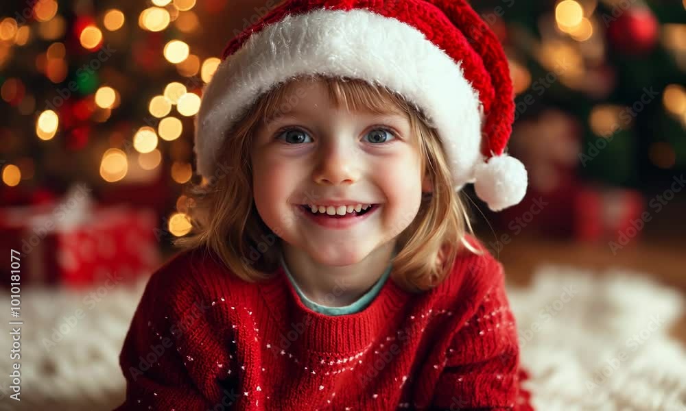 Happy smiling little girl in Santa's Christmas hat Happy smiling little girl in Santa's Christmas hat