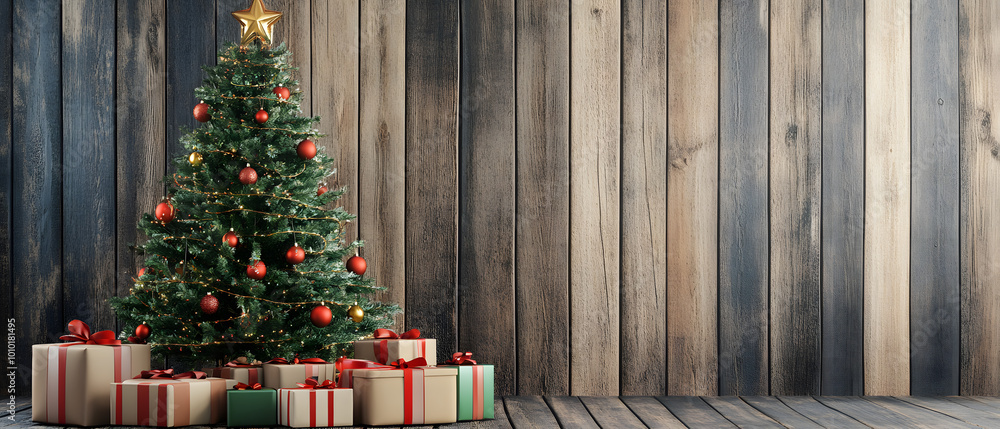 Red decorated Christmas tree and gift boxes, wood background copy space for text, Generative Ai Red decorated Christmas tree and gift boxes, wood background copy space for text, Generative Ai