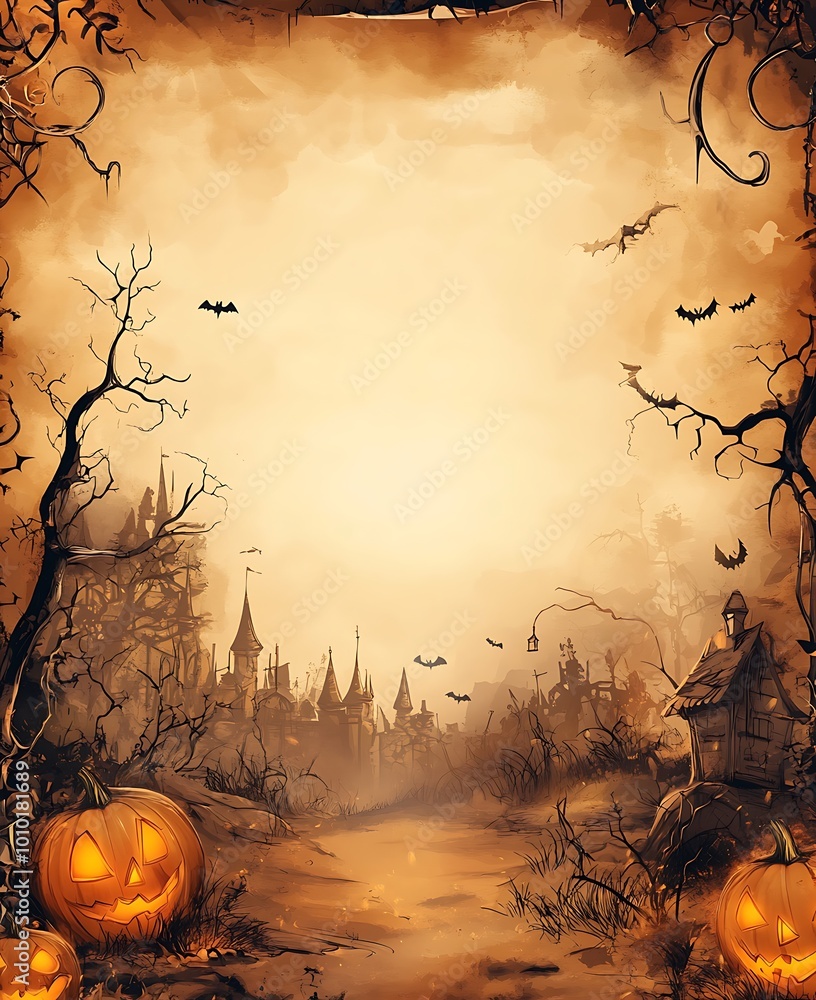 Spooky Halloween Background with Haunted Village, Glowing Pumpkins, and Old Paper Texture Spooky Halloween Background with Haunted Village, Glowing Pumpkins, and Old Paper Texture