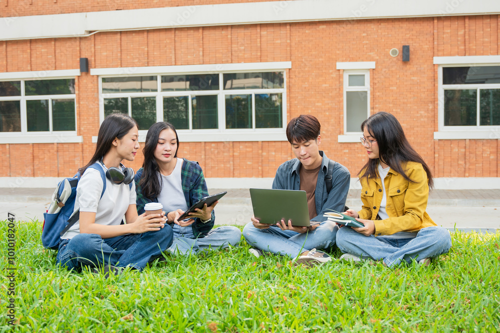 Group of students reading books and doing homework in the university area Group of students reading books and doing homework in the university area