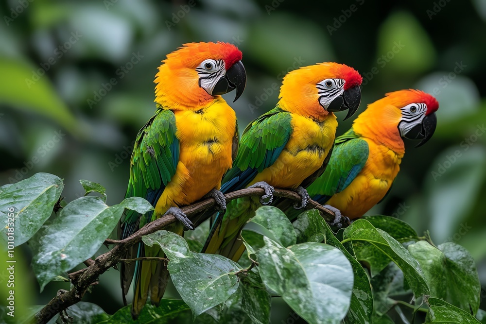 Obraz premium A tropical rainforest filled with vibrant birds, like toucans and parrots, perched on tree branches among the dense greenery