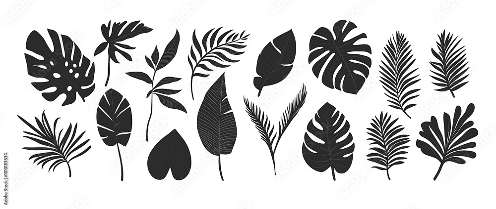 Tropical leaves vector. Set of palm leaves silhouettes isolated on white background. Vector illustration. Tropical leaves vector. Set of palm leaves silhouettes isolated on white background. Vector illustration.