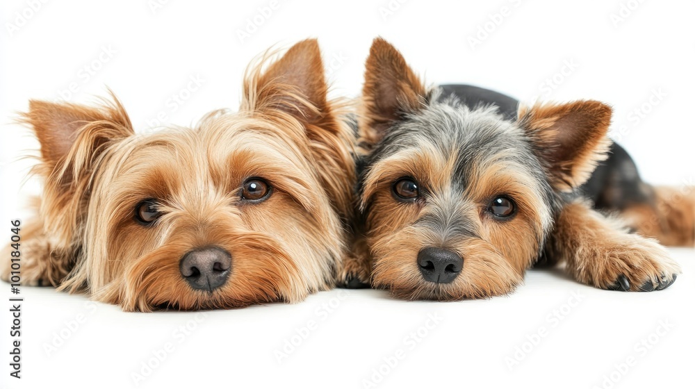 Two Yorkshire Terriers Laying Side by Side with Heads Down Two Yorkshire Terriers Laying Side by Side with Heads Down