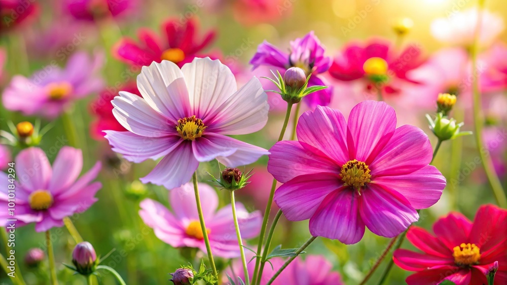 Extreme close-up colorful cosmos flowers blooming in garden Extreme close-up colorful cosmos flowers blooming in garden