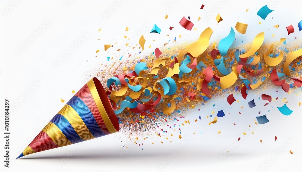 Obraz premium A vibrant party horn bursts with colorful confetti and streamers, symbolizing celebration and joy.