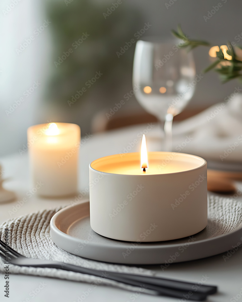 Elegant candle on a dining table with glassware, creating a warm ambiance. Elegant candle on a dining table with glassware, creating a warm ambiance.