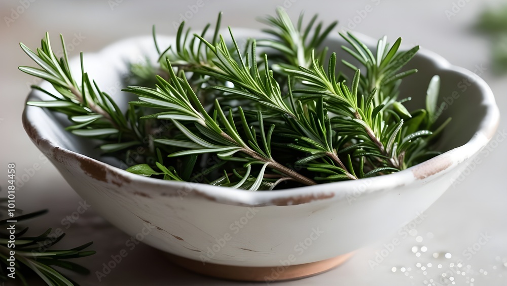 A_delicate_curvaceous_white_ceramic_bowl_,rosemary in bow, fresh rosemary,rosemary A_delicate_curvaceous_white_ceramic_bowl_,rosemary in bow, fresh rosemary,rosemary