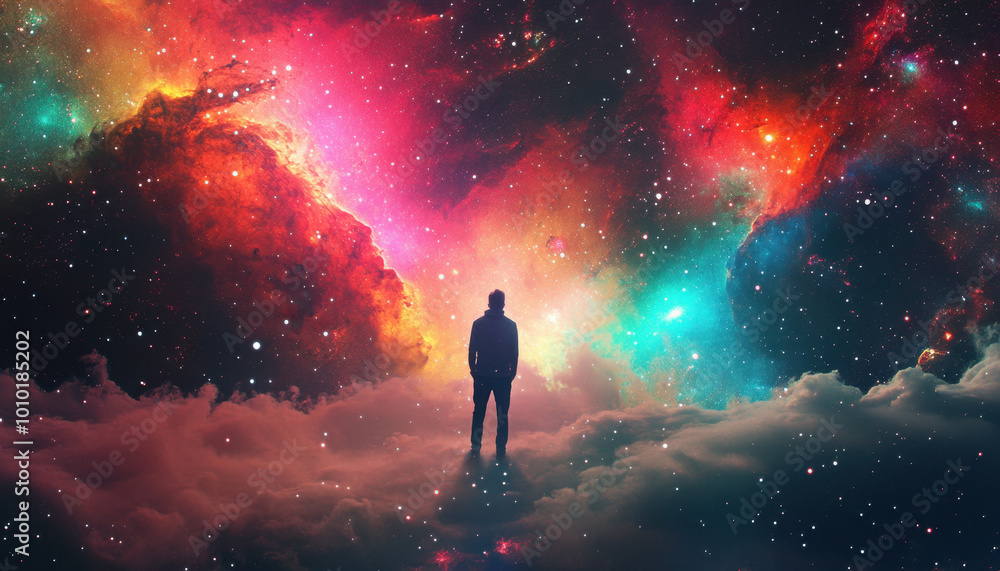 Silhouette of a person standing amidst colorful cosmic clouds, surrounded by vibrant galaxies and stars, conveying a sense of wonder and exploration. Silhouette of a person standing amidst colorful cosmic clouds, surrounded by vibrant galaxies and stars, conveying a sense of wonder and exploration.
