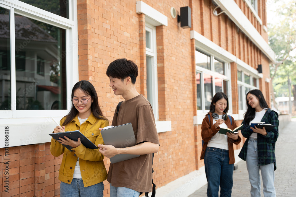 Group of students reading books and doing homework in the university area Group of students reading books and doing homework in the university area