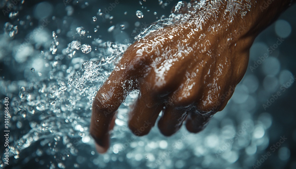 Fototapeta premium Closeup of a hand emerging from water with splashes.
