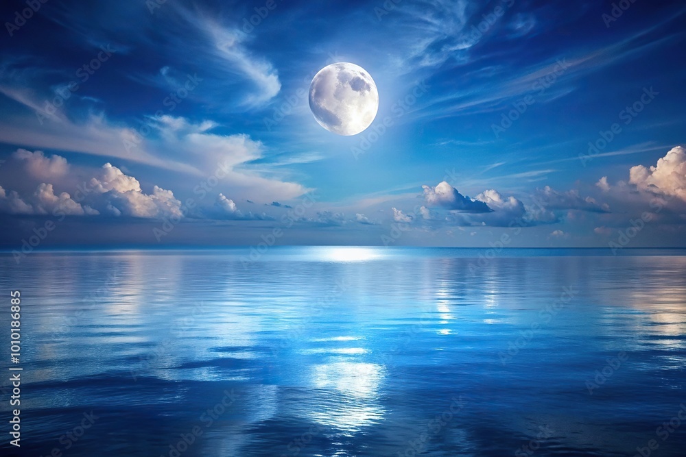 Extreme close-up moonlit serene scene reflects on calm ocean Extreme close-up moonlit serene scene reflects on calm ocean