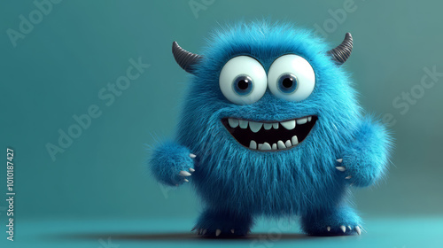 Cute blue furry monster 3D cartoon character 