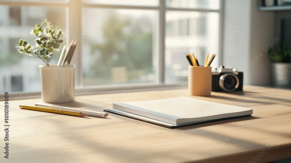 Bright workspace with stationery, a camera, and a plant, natural light streaming through. Bright workspace with stationery, a camera, and a plant, natural light streaming through.