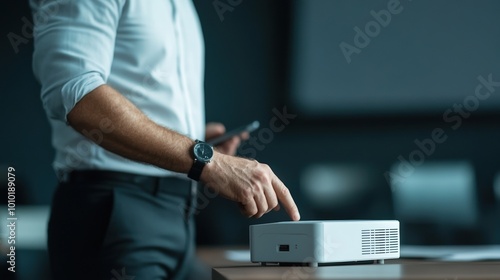 Businessman operating a projector in a modern conference room.