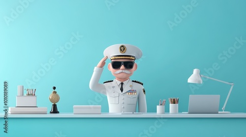 3D cartoon character of a pilot saluting in a modern office environment.