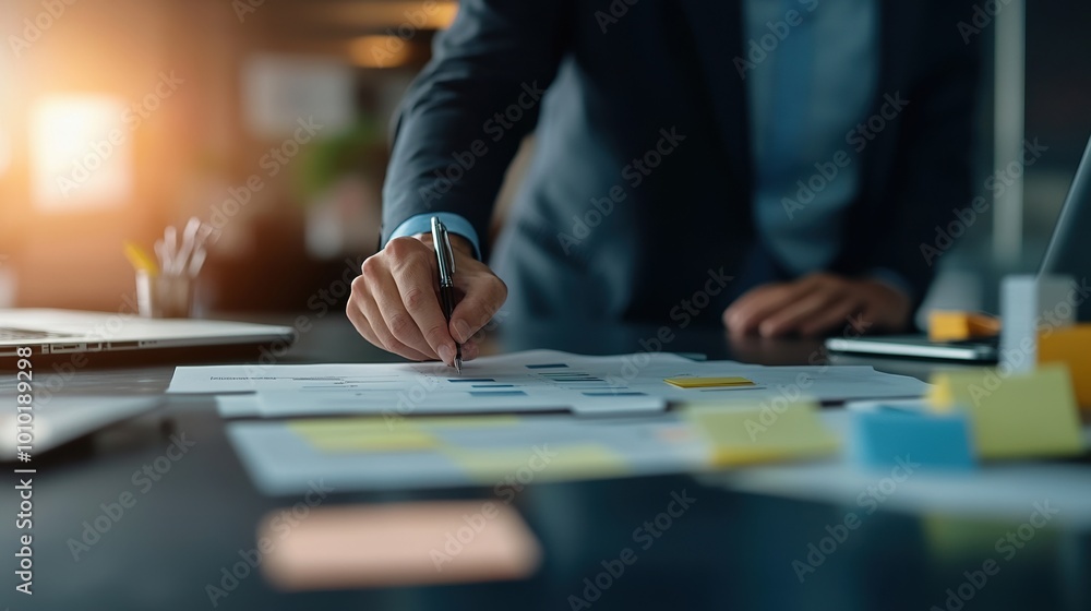 A professional writing notes on papers at a modern workspace. A professional writing notes on papers at a modern workspace.