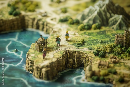 Miniature figures on a tabletop game map with a castle, mountains, and a river. Adventure and fantasy game concept. photo