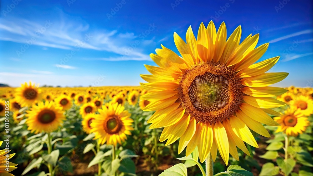 Extreme close-up of a sunflower field farm with bright yellow flowers against a blue sky Extreme close-up of a sunflower field farm with bright yellow flowers against a blue sky