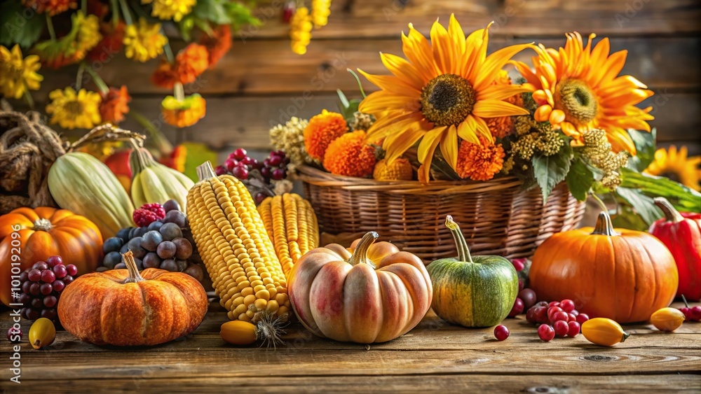 Extreme close-up of a table adorned with pumpkins, autumn flowers, corn, and grapes Extreme close-up of a table adorned with pumpkins, autumn flowers, corn, and grapes