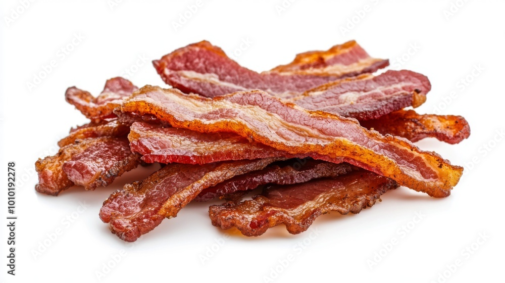 Crispy Cooked Bacon Stacked on White Background Crispy Cooked Bacon Stacked on White Background