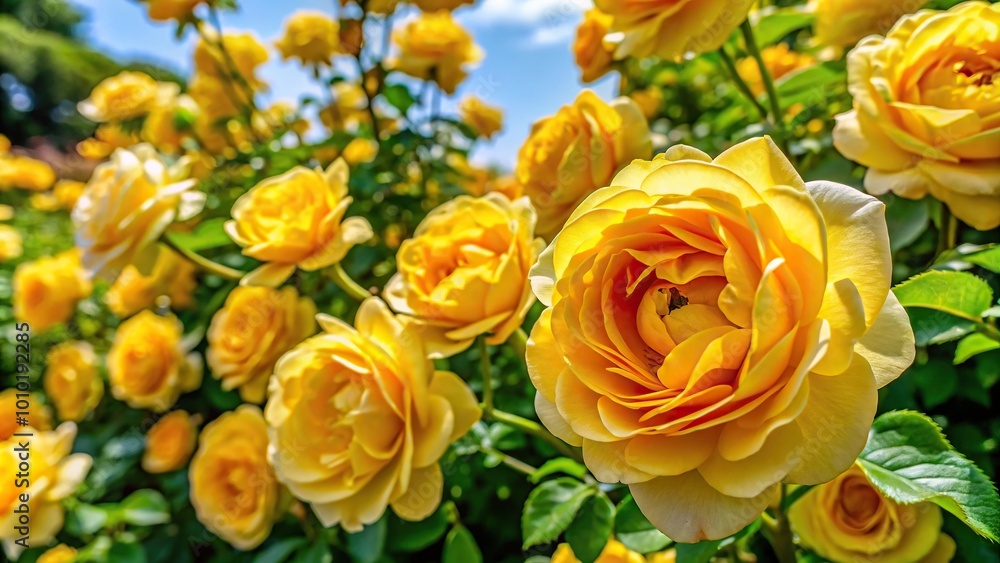 Extreme close-up of a vibrant yellow rose bush in the afternoon sunshine Extreme close-up of a vibrant yellow rose bush in the afternoon sunshine