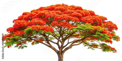 Extreme close-up of a vibrant Flame Tree Royal Poinciana isolated on white background