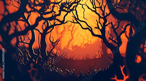 Silhouette of trees with spooky forest background in sunset/sunrise light photo