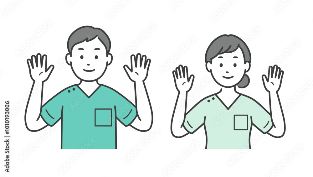 両手を上げる歯科医または介護士男女の上半身イラスト
