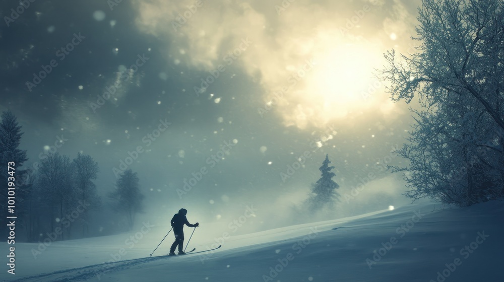 Solitary Skier Navigating a Snowy Landscape Under a Misty Sky Solitary Skier Navigating a Snowy Landscape Under a Misty Sky