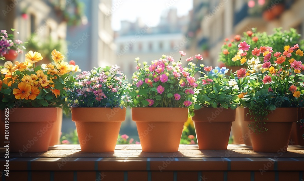 Colorful flowers in terracotta pots on a sunny balcony overlooking a city street. Colorful flowers in terracotta pots on a sunny balcony overlooking a city street.