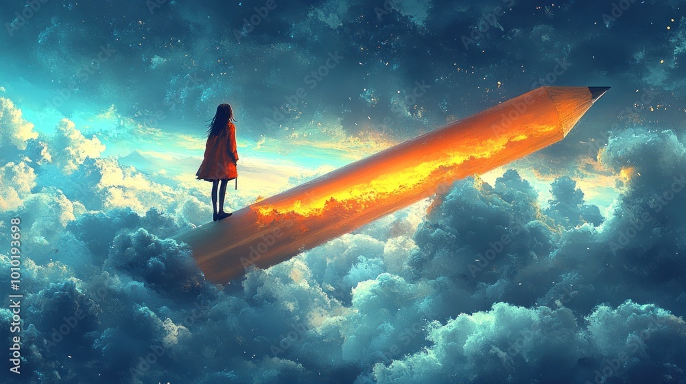 A girl stands on a giant pencil amidst a dreamy cloudscape. A girl stands on a giant pencil amidst a dreamy cloudscape.