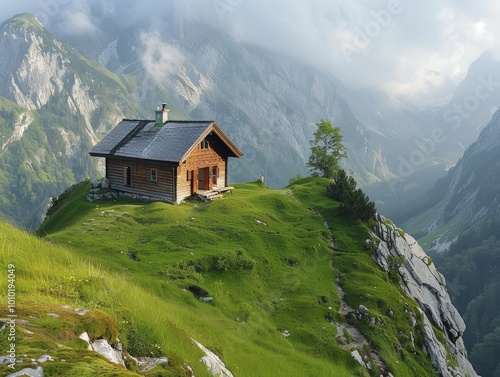 Mountain hut on steep green hill - ai
