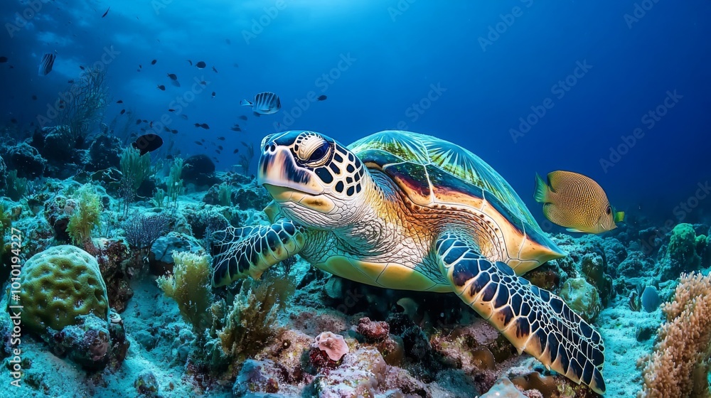 Underwater Scene with a Sea Turtle and Coral Reef Underwater Scene with a Sea Turtle and Coral Reef