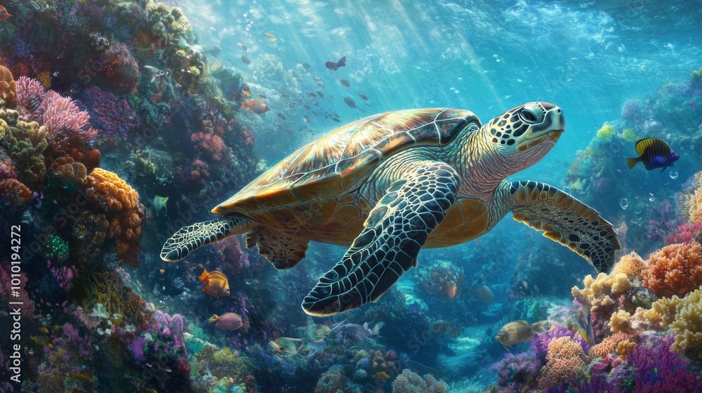 Fototapeta premium Colorful Sea Turtle Swimming in Vibrant Coral Reef