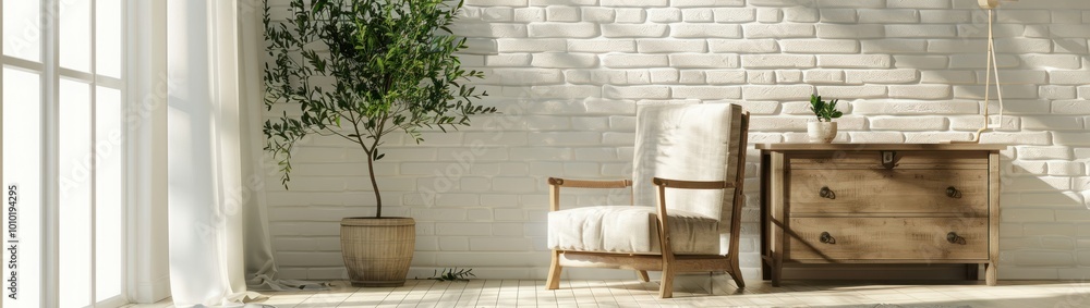 Interior of light living room with comfortable armchair, olive tree and chest of drawers near white brick wall Interior of light living room with comfortable armchair, olive tree and chest of drawers near white brick wall
