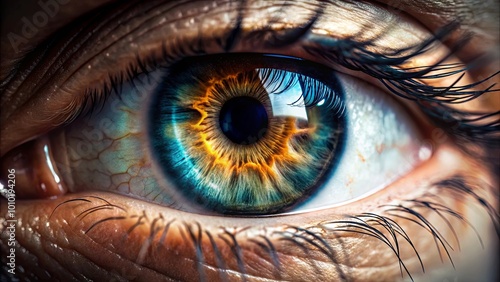 A close-up view of a human eye with vibrant blue, green, and orange hues, capturing the intricate details of the iris, pupil, and surrounding eyelashes.