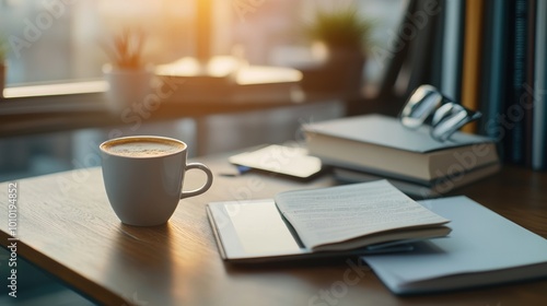 Coffee cup on a cozy desk with books and notes, warm sunlight illuminating.