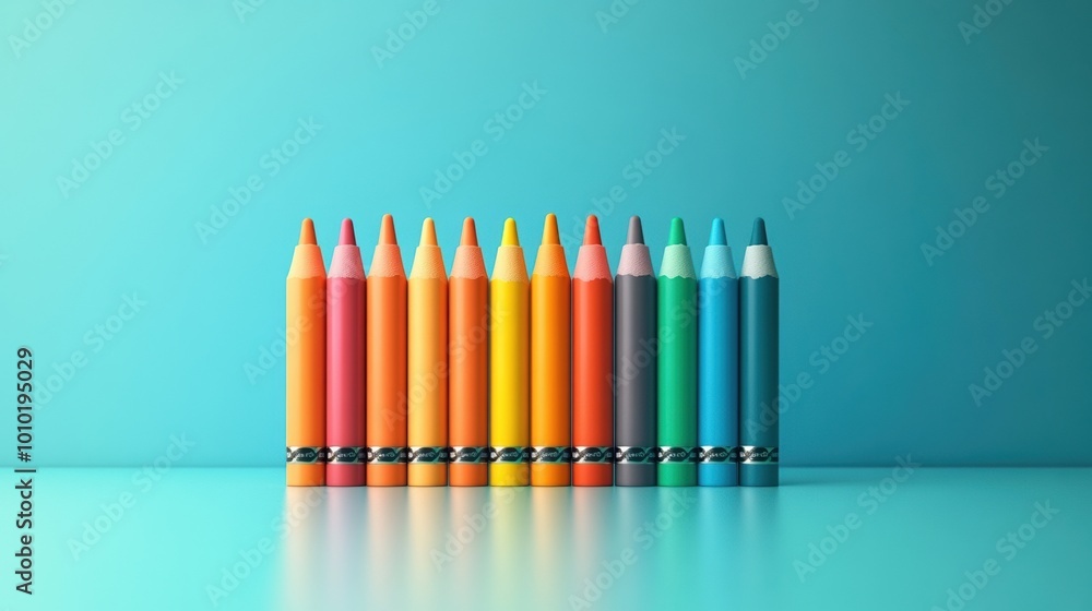 Colorful crayons arranged in a line on a smooth surface against a blue background. Colorful crayons arranged in a line on a smooth surface against a blue background.