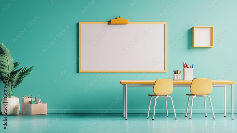 Colorful classroom scene with a whiteboard and yellow furniture against a teal wall. Colorful classroom scene with a whiteboard and yellow furniture against a teal wall.