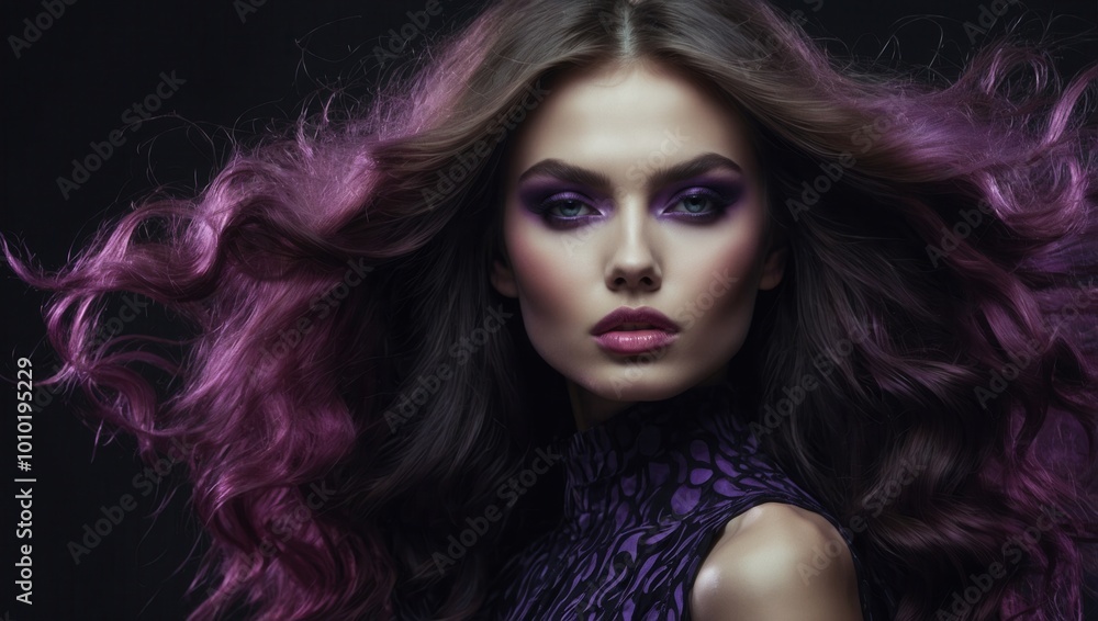 Woman with flowing purple hair, bold eyeliner, and textured black garment in portrait Woman with flowing purple hair, bold eyeliner, and textured black garment in portrait