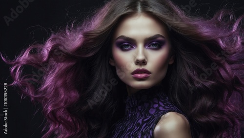 Woman with flowing purple hair, bold eyeliner, and textured black garment in portrait